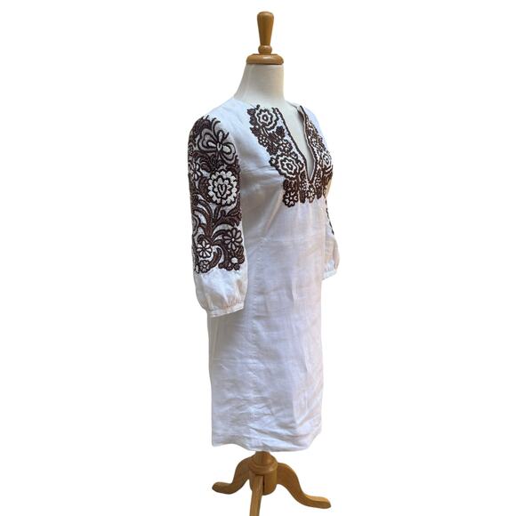 Tory Burch Beaded Mini Dress Tunic Sz 4 White Linen Brown Floral Embellished - Picture 3 of 16